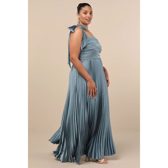 Lulus Gorgeous Purpose Slate Satin Pleated Sleeveless Bow Maxi Dress Size 1X NWT - Picture 3 of 13